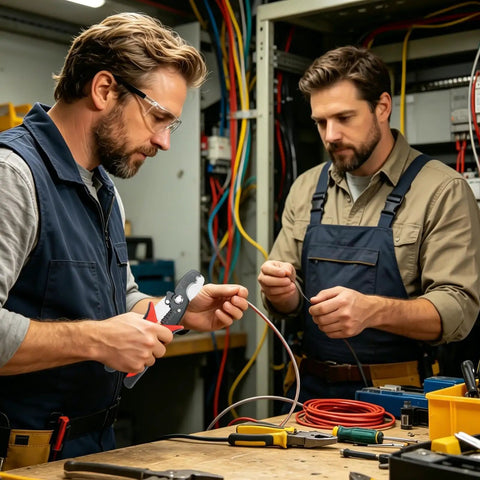 Straight Up Eight Inch Heavy Duty Electric Wire Stripper and Cable Crimper Tool in use by two men in a workshop.