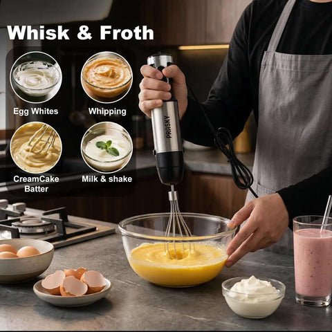 Tough As Nails Handheld Immersion Blender With Twenty Speed Settings And Turbo Boost 1200W Hand Mixer blending batter in a glass bowl.
