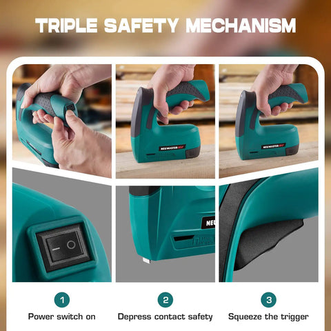 Triple safety mechanism of Cordless 2 In 1 Brad Nailer And Stapler Kit with illustrated step instructions.