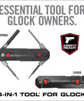 Top Shelf 4 In 1 Glock Armorer Multi Tool For Pistol Care with tools opened for Glock maintenance, showing hex and sight driver.