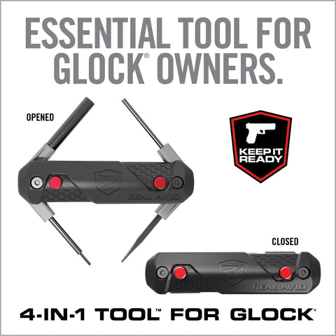 Top Shelf 4 In 1 Glock Armorer Multi Tool For Pistol Care with tools opened for Glock maintenance, showing hex and sight driver.