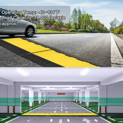 Beefy 5 Channel Cable Ramp Protector For Driveway And Outdoor Use on road and parking garage. Heavy Duty PVC Rubber, 18,000 lbs/axle.