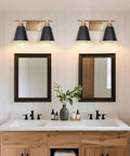 4 Light Black And Gold Vanity Light With Metal Shade in Modern Farmhouse Over Double Mirror Bathroom Setup