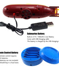 Mini RC Submarine Toy With Remote Control For Water Tank Play Dive Underwater Surface And Float Built In Battery USB Charger 15 Minute Run Time 15 X 6 Size Yellow Kids Birthday Gift showing USB and remote control battery compartment.