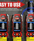 Rugged Seven In One Wall Scanner Stud Finder With Integrated Laser Distance Meter displaying scanning steps on a crisp screen.