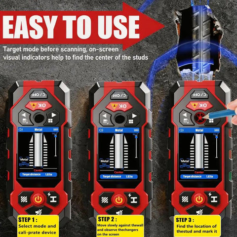 Rugged Seven In One Wall Scanner Stud Finder With Integrated Laser Distance Meter displaying scanning steps on a crisp screen.