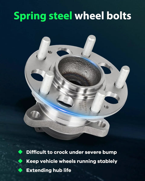 Rear Wheel Bearing Hub Assembly 512635 With ABS 5 Lugs Fits Hyundai Elantra 2017 2020 Hyundai Ioniq 2017 2022 Kia Niro 2017 2021 Drop In Replacement With OE Quality Durable Rear Position, close-up view with spring steel wheel bolts.