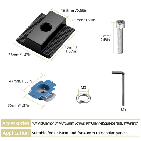 Rock Solid 10 Pack Solar Panel Mid Clamps For Unistrut Rail Tracks 40Mm aluminum mounting hardware and accessories for easy install.