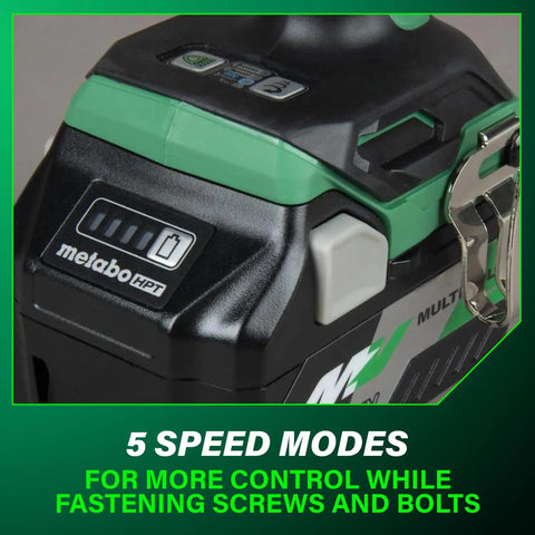 Close-up of the Metabo HPT logo and control features on the handle of the 36V MultiVolt Cordless Triple Hammer BOLT Impact Driver Kit With Case, Two Batteries, 1/4 Inch Chuck, Beefy Torque, Up To 1903 In Lbs And 4100 BPM, Compact Lightweight Power Tool.