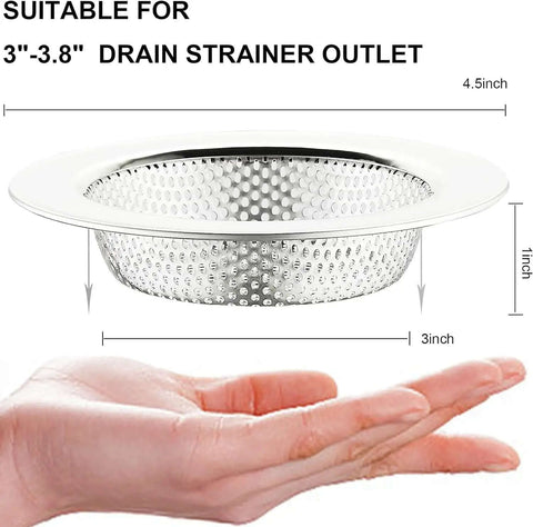 Stainless Steel Kitchen Sink Strainer Set 4.5 Inch Wide Rim Drain Strainers Heavy Duty Rust Resistant 2 Pack with hand for size reference