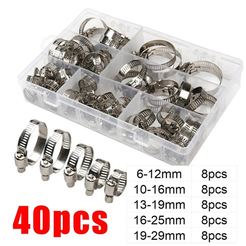 Premium Stainless Steel Adjustable Worm Gear Hose Clamps Set for Pipes Fuel Tubes and Faucets Heavy Duty Assortment Kit For Car And Home Projects, 6-29mm 40pcs