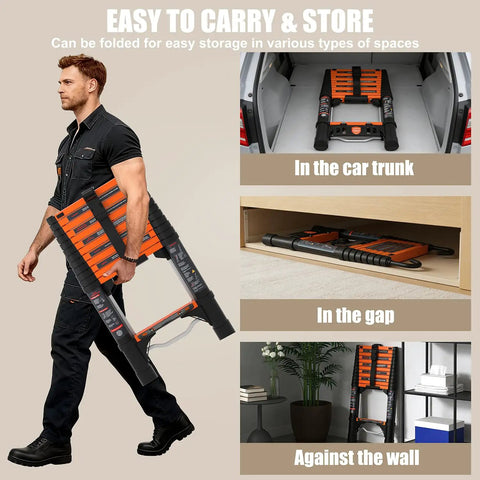12.5 Foot Telescoping Ladder With Quick Folding Mechanism, Aluminum Extension Ladder For RV Home And Outdoor Use, 330 Lb Max Load, Lightweight Portable Orange, Easy One Step Fold In Seconds, Safe Anti Pinch Design stored in car trunk