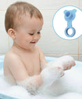 2Pack Silicone Blue Bathtub Stopper Plug in use with a baby enjoying a bubble bath in a blue tub.