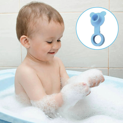 2Pack Silicone Blue Bathtub Stopper Plug in use with a baby enjoying a bubble bath in a blue tub.
