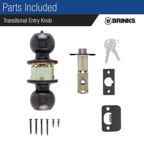 Transitional Keyed Entry Door Knob In Tuscan Bronze Exterior Lock Set Easy Install For Standard Doors Blends Seamlessly With Interior And Exterior Decor Durable Hardware 1 Pack, shown with parts including screws, strike plate, and keys.