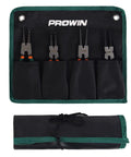 4-Piece Snap Ring Pliers Set, 7-Inch Internal And External Circlip Pliers With Straight And Bent Jaw, Pro Grade CR-V Steel Tips, 5/64 Inch Diameter, Ring Remover With Durable Storage Pouch displayed in open and rolled pouch.