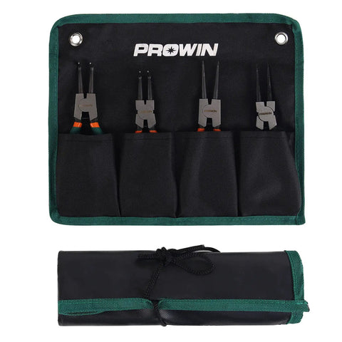 4-Piece Snap Ring Pliers Set, 7-Inch Internal And External Circlip Pliers With Straight And Bent Jaw, Pro Grade CR-V Steel Tips, 5/64 Inch Diameter, Ring Remover With Durable Storage Pouch displayed in open and rolled pouch.
