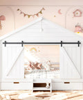 Kid Approved Full Size Floor Bed Frame With Sliding Barn Door And Built In Soft Glow Light Farmhouse House Shaped Sleeper with toys.