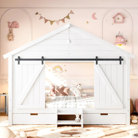 Kid Approved Full Size Floor Bed Frame With Sliding Barn Door And Built In Soft Glow Light Farmhouse House Shaped Sleeper with toys.