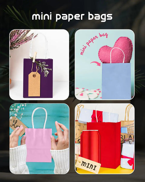 Mini Gift Bags With Handles Dope Bulk Set Of 24 In 24 Colors 4.5 By 2.5 By 6 Inches For Party Favors And Small Gifts Made From Recycled Kraft Paper Eco Friendly Durable For Craft Projects Great Value displayed in various colors and settings