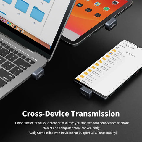 128GB USB C External SSD Drive With USB 3.2 Fast Transfer Up To 450MB Per Second connected to laptop, tablet, and phone.