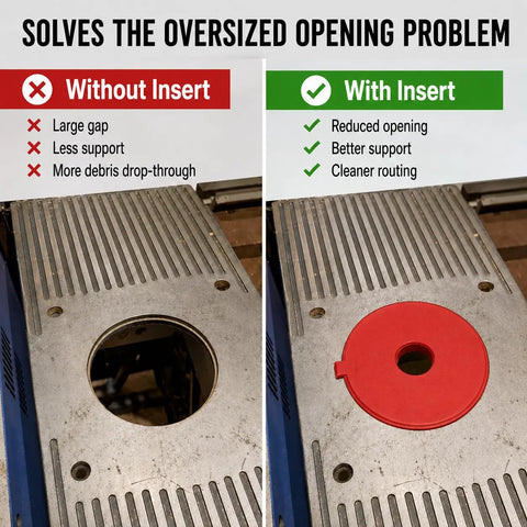 Comparison of router table with and without insert, highlighting benefits with Half Inch Router Table Insert For Ryobi Bt Series Saw.