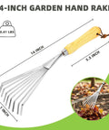 Stainless Steel Hand Rake With Ergonomic Handle For Gardening, 14-inch rake displayed on green background with dimensions.