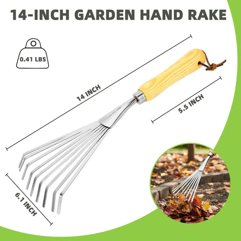 Stainless Steel Hand Rake With Ergonomic Handle For Gardening, 14-inch rake displayed on green background with dimensions.
