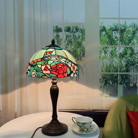 Rose Flower Tiffany Style Stained Glass Table Lamp With 12 Inch Wide Lampshade And 21 Inch Tall Red Handmade Lighting For Living Room Or Bedroom Decor And Cozy Vibe Glow For Home.