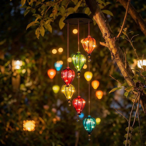 Solar Wind Chimes Outdoor Lights With 30 Warm White LEDs Hot Air Balloon Style Hanging Decor Auto On Off Light Sensing Waterproof