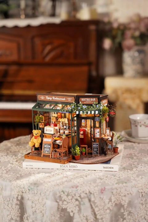 Charming Bistro Style Miniature House Kit With LED For Adults Beginners DIY Wooden Dollhouse Cozy Cafe Vibe Perfect Mother's Day Or Birthday Gift 9.37 By 7.09 By 7.17 Inches.
