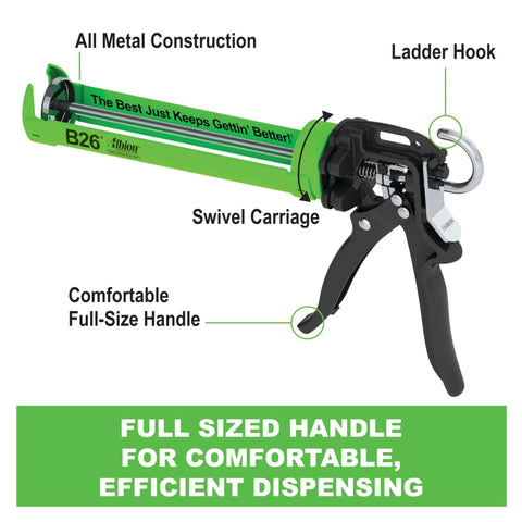 Heavy-Duty B-Line 26 to 1 Manual Caulking Gun for 10 oz Cartridges, 900 Lbf Thrust, 300 Psi, ladder hook and swivel carriage