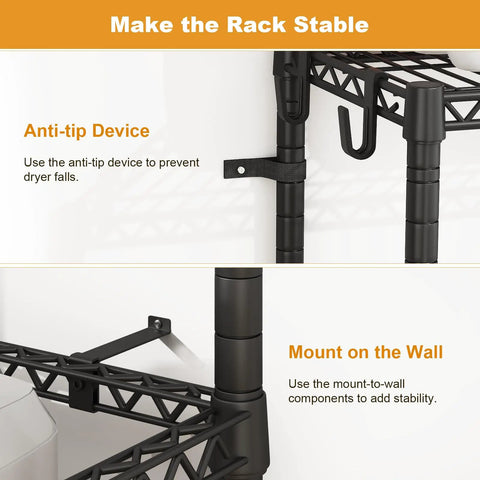 Upgraded Heavy Duty Adjustable Washer Dryer Stacking Rack For Tight Laundry Spaces And Compact Apartments Featuring Real Solid Steel Build And No Sweat Flexible Height Adjustments with anti-tip device and wall mount for stability.