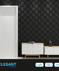 Interlocking Circles 3D Wall Panel in Matte Black on wall with white door and modern furniture