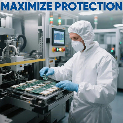 Go Getter Breathable Hazmat Suit And Disposable Coveralls Serving Up Slick Full Body Protection For Painters And Lab Crews With Fast Adjust Zipper And Heavy Duty Dust Shield Gear worn by a tech handling circuit boards.