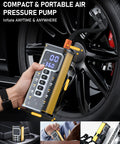 Go-To Portable Tire Inflator With Gauge 150 PSI, showing digital display inflating a car tire, compact design