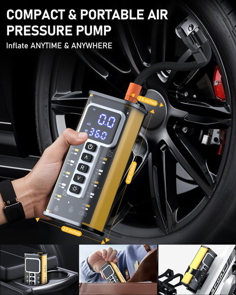 Go-To Portable Tire Inflator With Gauge 150 PSI, showing digital display inflating a car tire, compact design