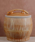 Handpainted Ceramic Rice Dispenser With Secure Airtight Lid, Heavy Duty Kiln Fired Grain Jar And All Purpose Kitchen Canister For Snacks Coffee Beans Candy, round jar with decorative handle.