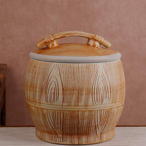 Handpainted Ceramic Rice Dispenser With Secure Airtight Lid, Heavy Duty Kiln Fired Grain Jar And All Purpose Kitchen Canister For Snacks Coffee Beans Candy, round jar with decorative handle.