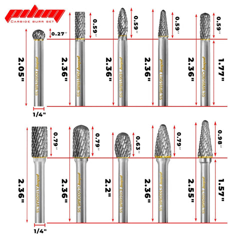 Tungsten carbide burr set, 1/4 in shank, 10-piece Amazon brand double-cut rotary burrs for steel and wood.