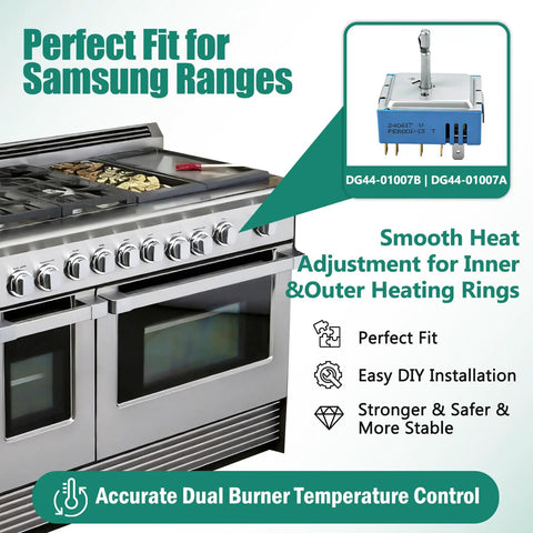 Image showcasing a Triple Burner Surface Element Control Switch Replacement For 24 Inch Range Stoves DG44-01007B Plug And Play Ready Compatible With DG44-01007A installed in Samsung range, with focus on switch and stove.