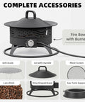 Smokeless 24 Inch Portable Propane Fire Pit With Grill Grate And Lid 60 000 BTU Outdoor Firepit showing parts and accessories