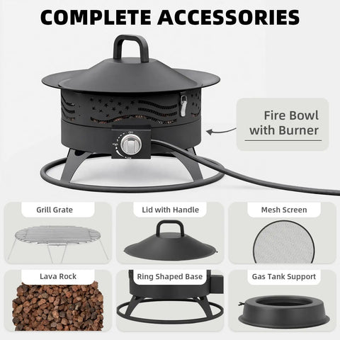 Smokeless 24 Inch Portable Propane Fire Pit With Grill Grate And Lid 60 000 BTU Outdoor Firepit showing parts and accessories