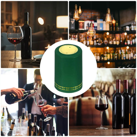 Killer 50 Pack Heat Shrink Caps With Sweet Floral Look Snug Seal Wraps For Wine Bottles shown in wine cellar and bar settings.