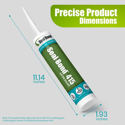 Gutter Sealant For Aluminum Gray And White, Durable Professional Grade Sealant For Gutters, Seams, And Downspouts, No Shrinkage With 100 Percent Solids Hybrid Polymer For Residential And Commercial Use, shown with precise dimensions in inches