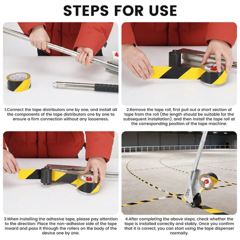 Floor Tape Applicator Manual Stainless Steel Heavy Duty Tool For Construction Sites Durable Corrosion Resistant Frame With Smooth Bearing Design Delivers Quick, Precise Tape Application And Long Lasting Performance. Assembly steps with yellow-black tape on floor