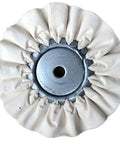 Heavy Duty 3 Airway Buffing Wheel Set With Bench Grinder Polishing Wax Wheels For Metal And Wood, white abrasive wheel close-up.