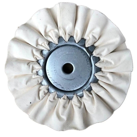 Heavy Duty 3 Airway Buffing Wheel Set With Bench Grinder Polishing Wax Wheels For Metal And Wood, white abrasive wheel close-up.