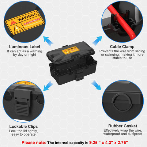 Beefy Medium Outdoor Electrical Box IP54 Weatherproof Cover For Outdoor Power Strips And Electronics 6 Cable Entry Ports with features like luminous label, cable clamp, lockable clips, rubber gasket.