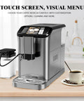Super Automatic Espresso Machine Packs 20 Bar Pressure And Built In Conical Burr Grinder To Brew Smooth Lattes And Cappuccinos No Sweat Daily Routine with touch screen on kitchen countertop.